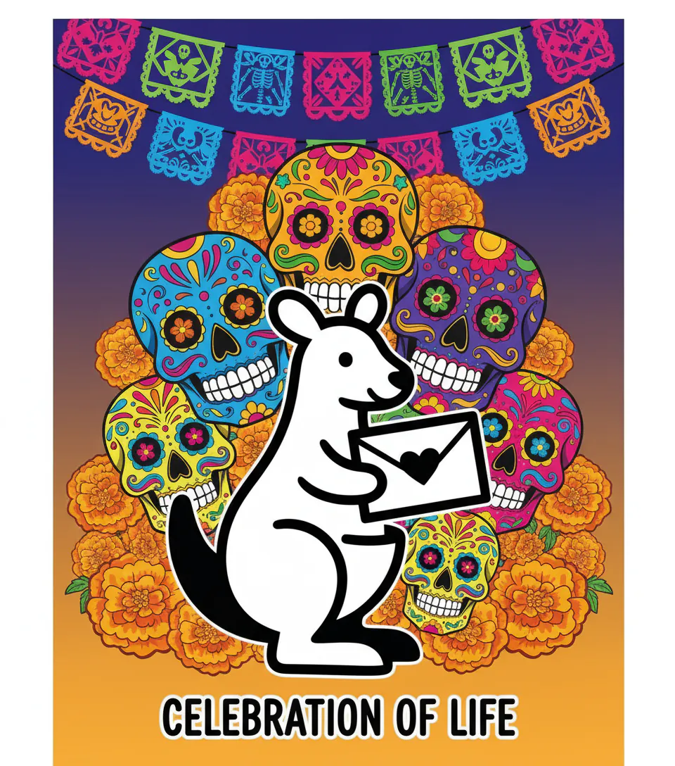 Vibrant Day of the Dead greeting card featuring colorful sugar skulls, marigold flowers, and traditional papel picado decorations