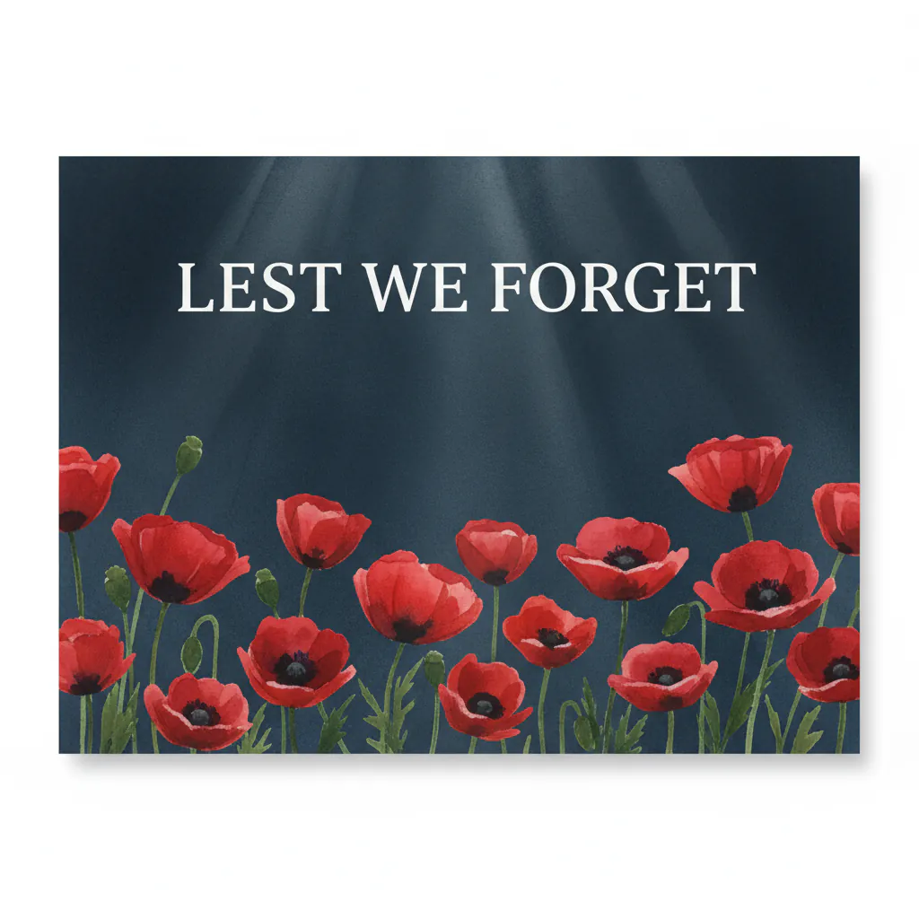 A watercolor illustration featuring red poppies with the text 'Lest We Forget' on a respectful dark background